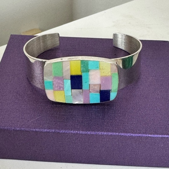 Colorful Mosaic Gemstone wrapped in Sterling Silver Cuff Bracelet - Picture 3 of 5